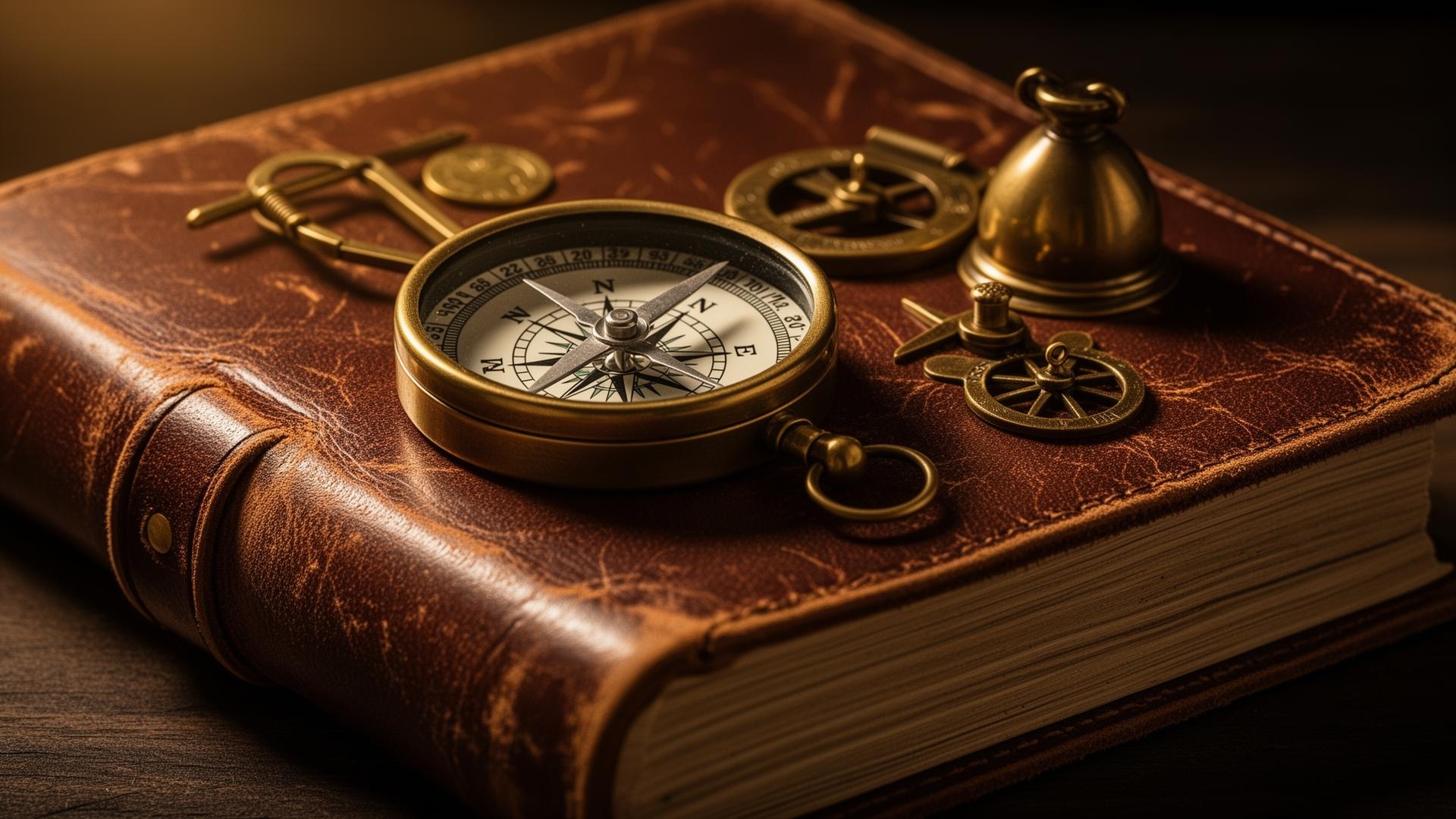Vintage compass on leather journal